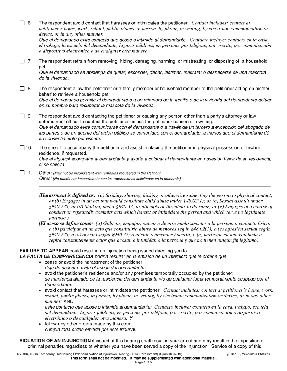 Form CV-406 Temporary Restraining Order (Temporary Order of Protection) and Notice of Injunction Hearing (Harassment) - Wisconsin (English / Spanish), Page 4