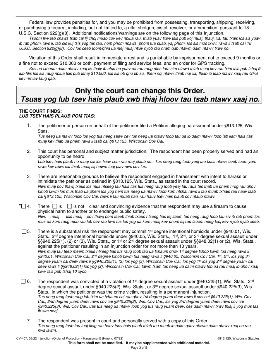 Form CV-407 Injunction - Harassment - Wisconsin (English / Hmong), Page 3