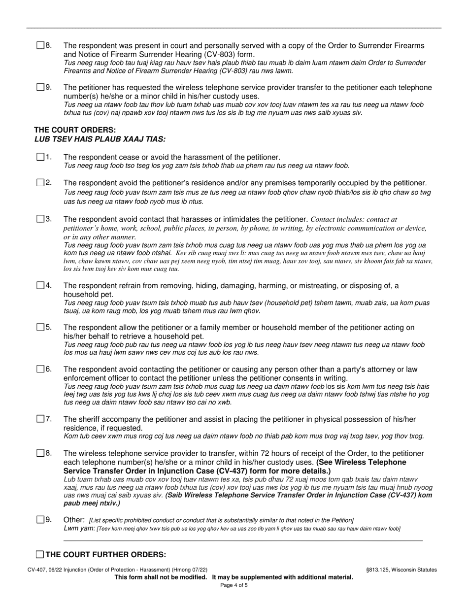 Form CV-407 Injunction - Harassment - Wisconsin (English / Hmong), Page 4