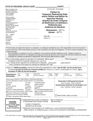 Form CV-405 Petition for Temporary Restraining Order and/or Petition and Motion for Injunction Hearing (Harassment) - Wisconsin (English/Spanish)
