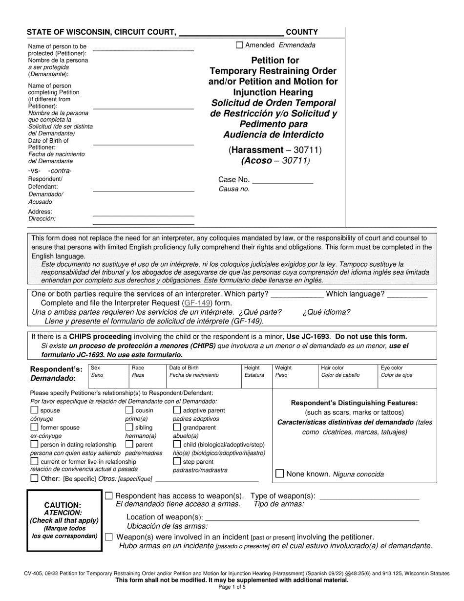 Form CV-405 Petition for Temporary Restraining Order and / or Petition and Motion for Injunction Hearing (Harassment) - Wisconsin (English / Spanish), Page 1