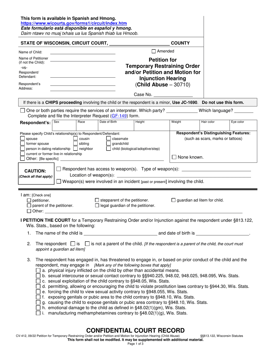 Form CV-412 Petition for Temporary Restraining Order and / or Petition and Motion for Injunction Hearing (Child Abuse  30710) - Wisconsin, Page 1
