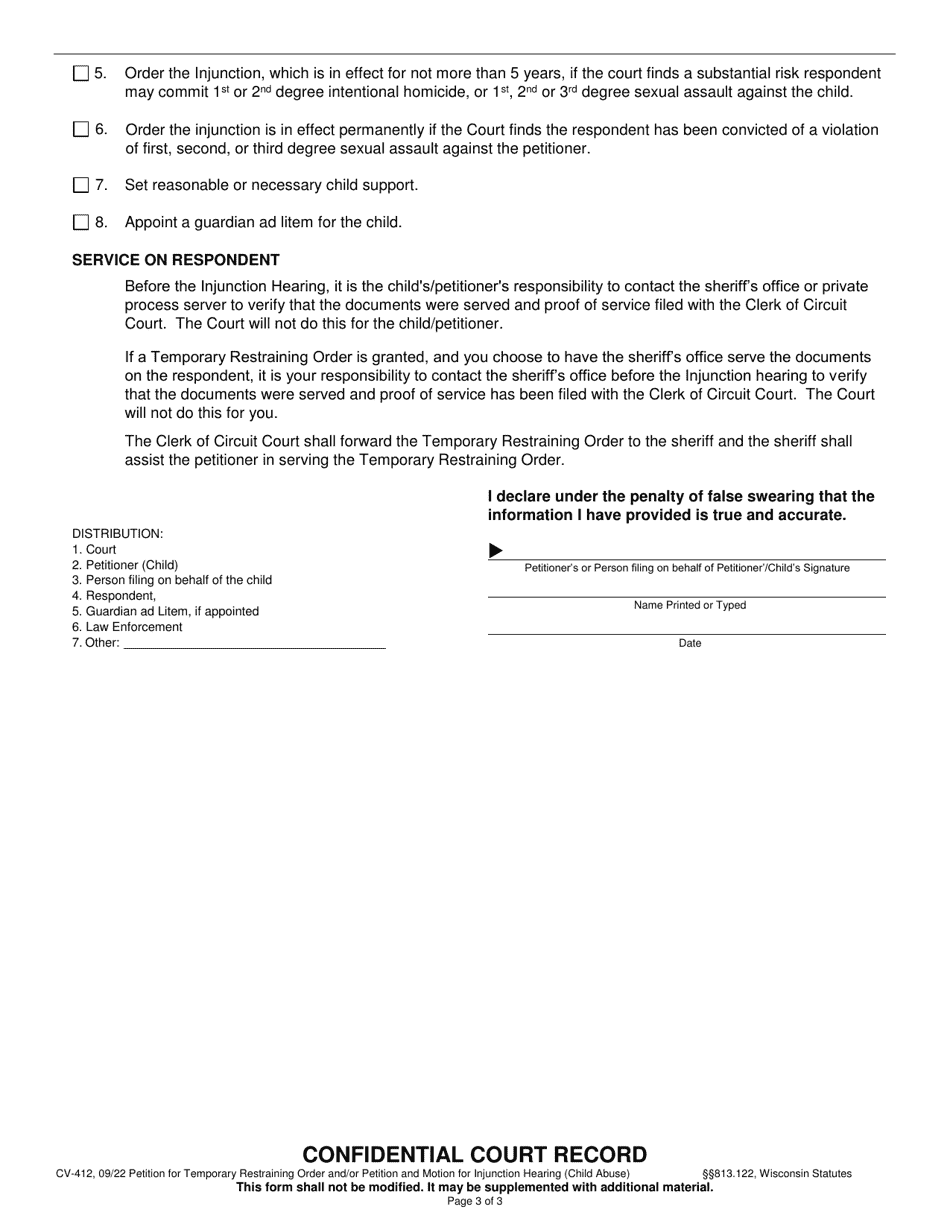 Form CV-412 Petition for Temporary Restraining Order and / or Petition and Motion for Injunction Hearing (Child Abuse  30710) - Wisconsin, Page 3