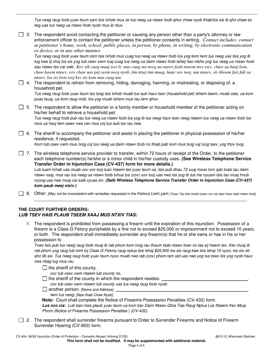 Form CV-404 Injunction - Domestic Abuse - Wisconsin (English / Hmong), Page 4