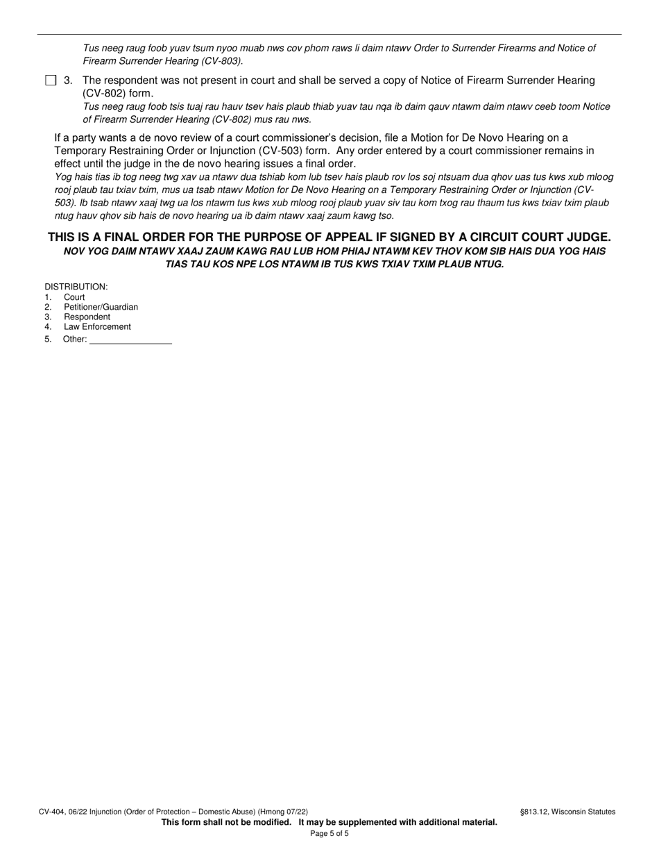 Form CV-404 Injunction - Domestic Abuse - Wisconsin (English / Hmong), Page 5