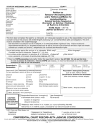 Document preview: Form CV-412 Petition for Temporary Restraining Order and/or Petition and Motion for Injunction Hearing (Child Abuse) - Wisconsin (English/Spanish)