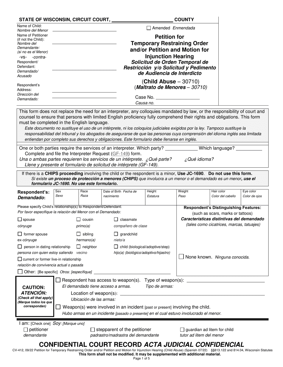 Form CV-412 Petition for Temporary Restraining Order and / or Petition and Motion for Injunction Hearing (Child Abuse) - Wisconsin (English / Spanish), Page 1