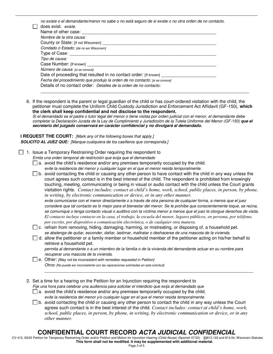 Form CV-412 Petition for Temporary Restraining Order and / or Petition and Motion for Injunction Hearing (Child Abuse) - Wisconsin (English / Spanish), Page 3