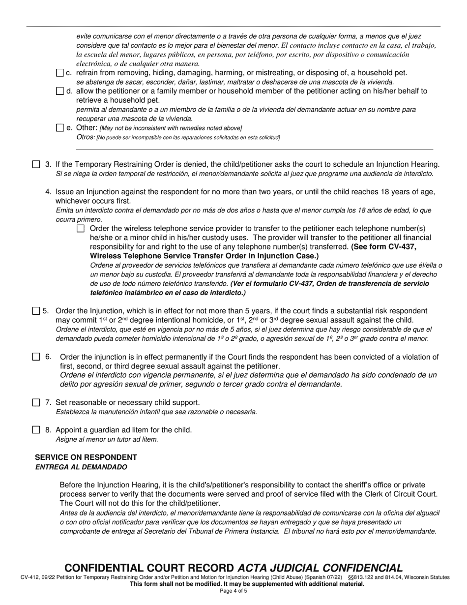 Form CV-412 Petition for Temporary Restraining Order and / or Petition and Motion for Injunction Hearing (Child Abuse) - Wisconsin (English / Spanish), Page 4
