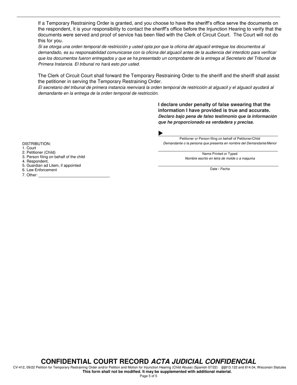 Form CV-412 Petition for Temporary Restraining Order and / or Petition and Motion for Injunction Hearing (Child Abuse) - Wisconsin (English / Spanish), Page 5