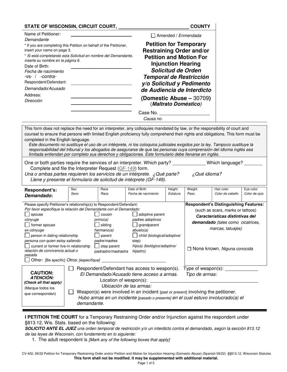 Form CV-402 Petition for Temporary Restraining Order and / or Petition and Motion for Injunction Hearing - Wisconsin (English / Spanish), Page 1