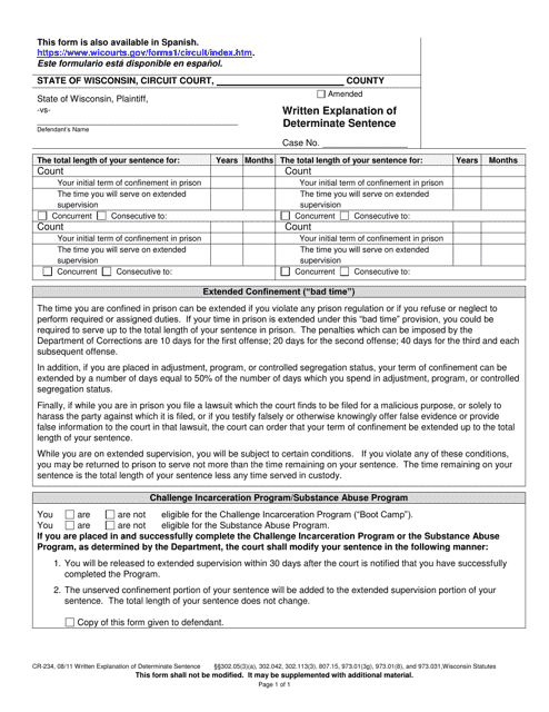 Form CR-234 Written Explanation of Determinate Sentence - Wisconsin