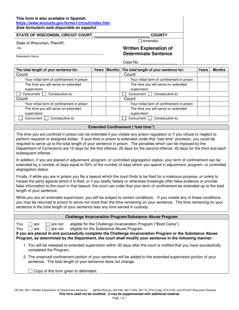 Form CR-234 Written Explanation of Determinate Sentence - Wisconsin, Page 1