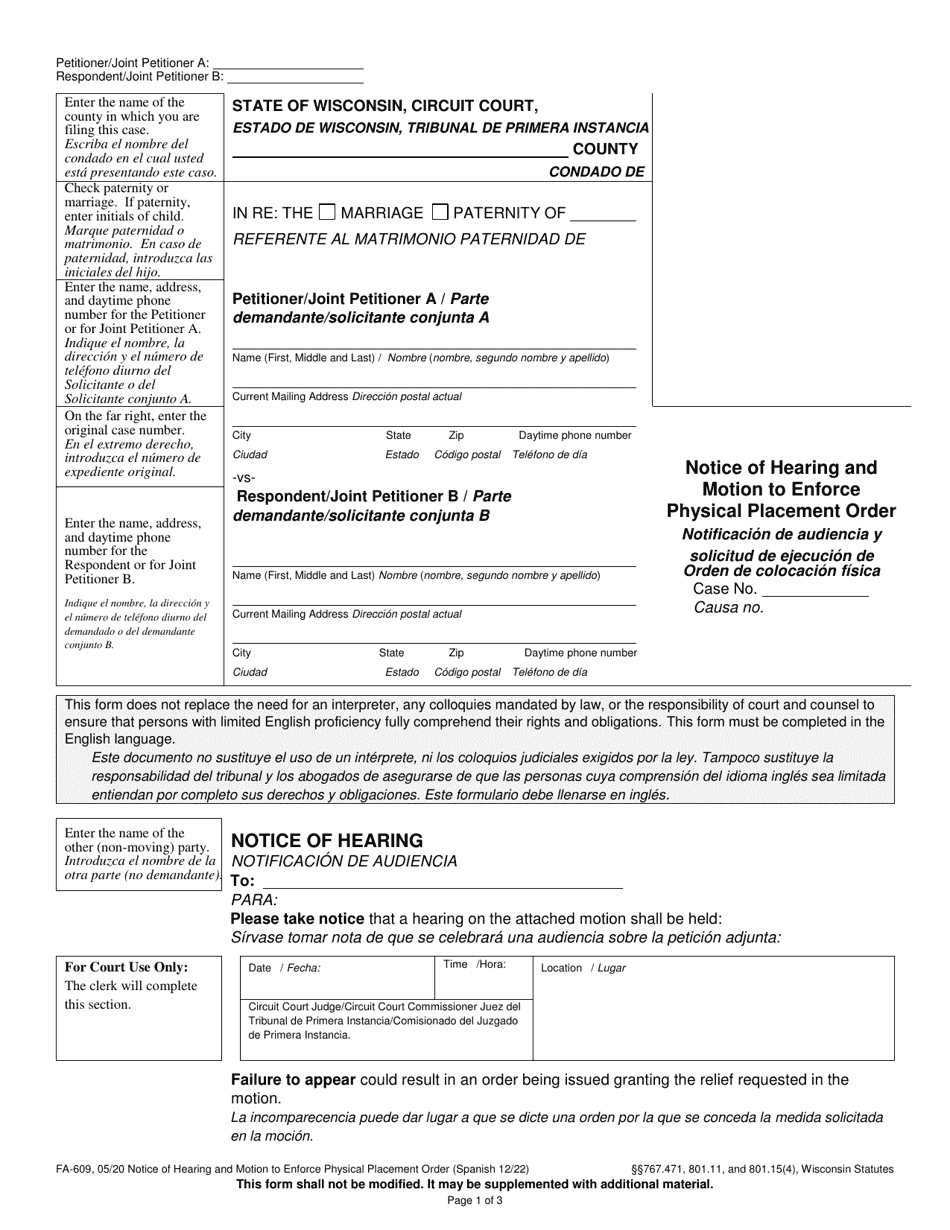 Form FA-609 Notice of Hearing and Motion to Enforce Physical Placement Order - Wisconsin (English / Spanish), Page 1