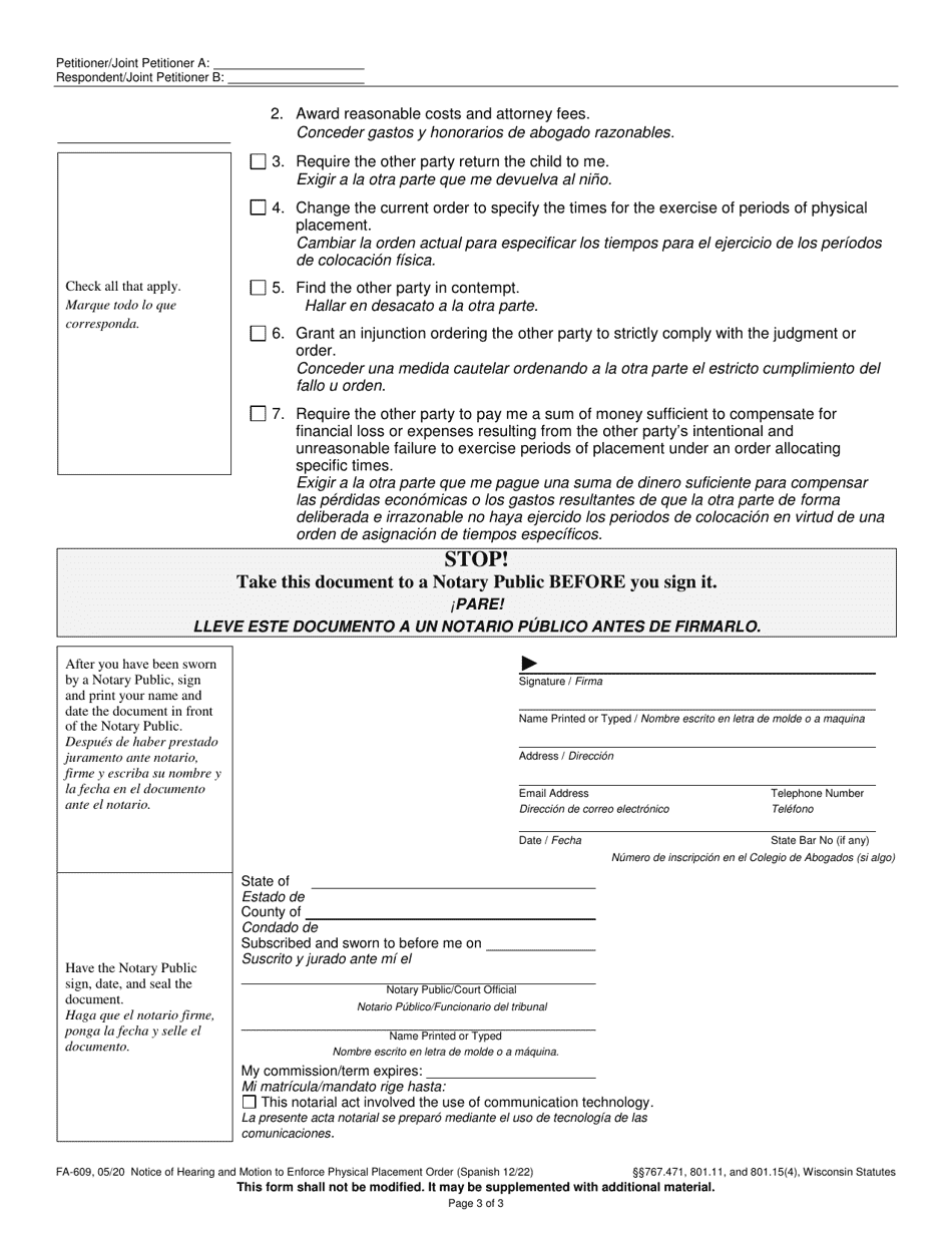 Form FA-609 Notice of Hearing and Motion to Enforce Physical Placement Order - Wisconsin (English / Spanish), Page 3