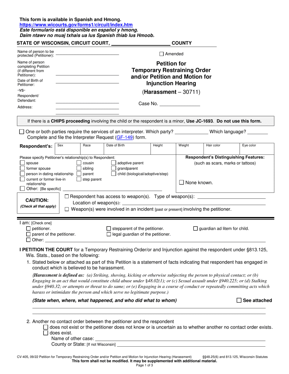 Form CV-405 Petition for Temporary Restraining Order and / or Petition and Motion for Injunction Hearing (Harassment) - Wisconsin, Page 1