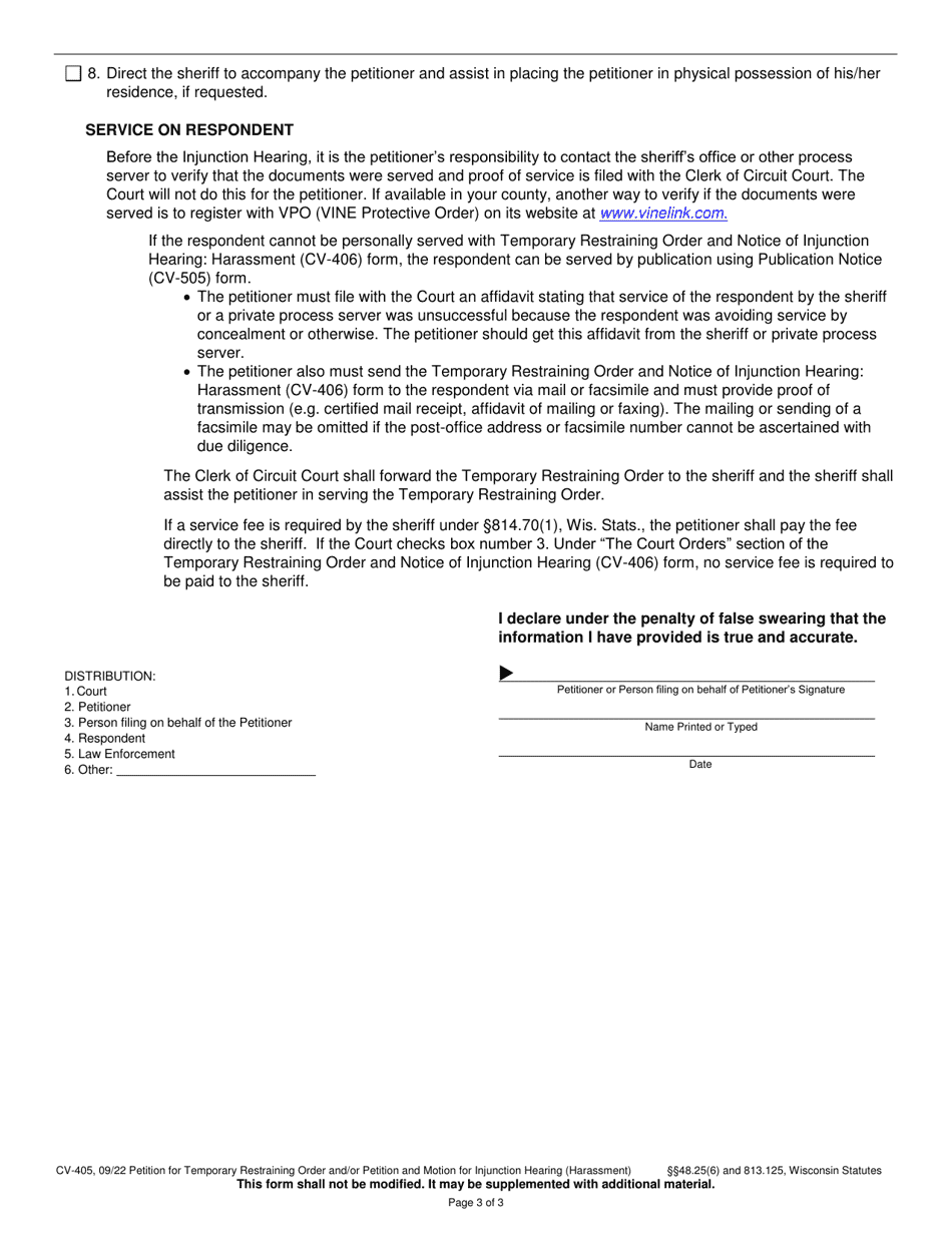 Form CV-405 Petition for Temporary Restraining Order and / or Petition and Motion for Injunction Hearing (Harassment) - Wisconsin, Page 3