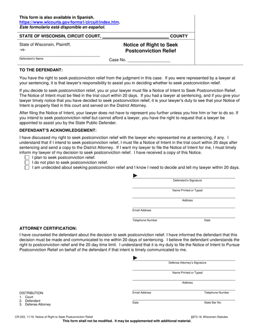 Form CR-233 Notice of Right to Seek Postconviction Relief - Wisconsin