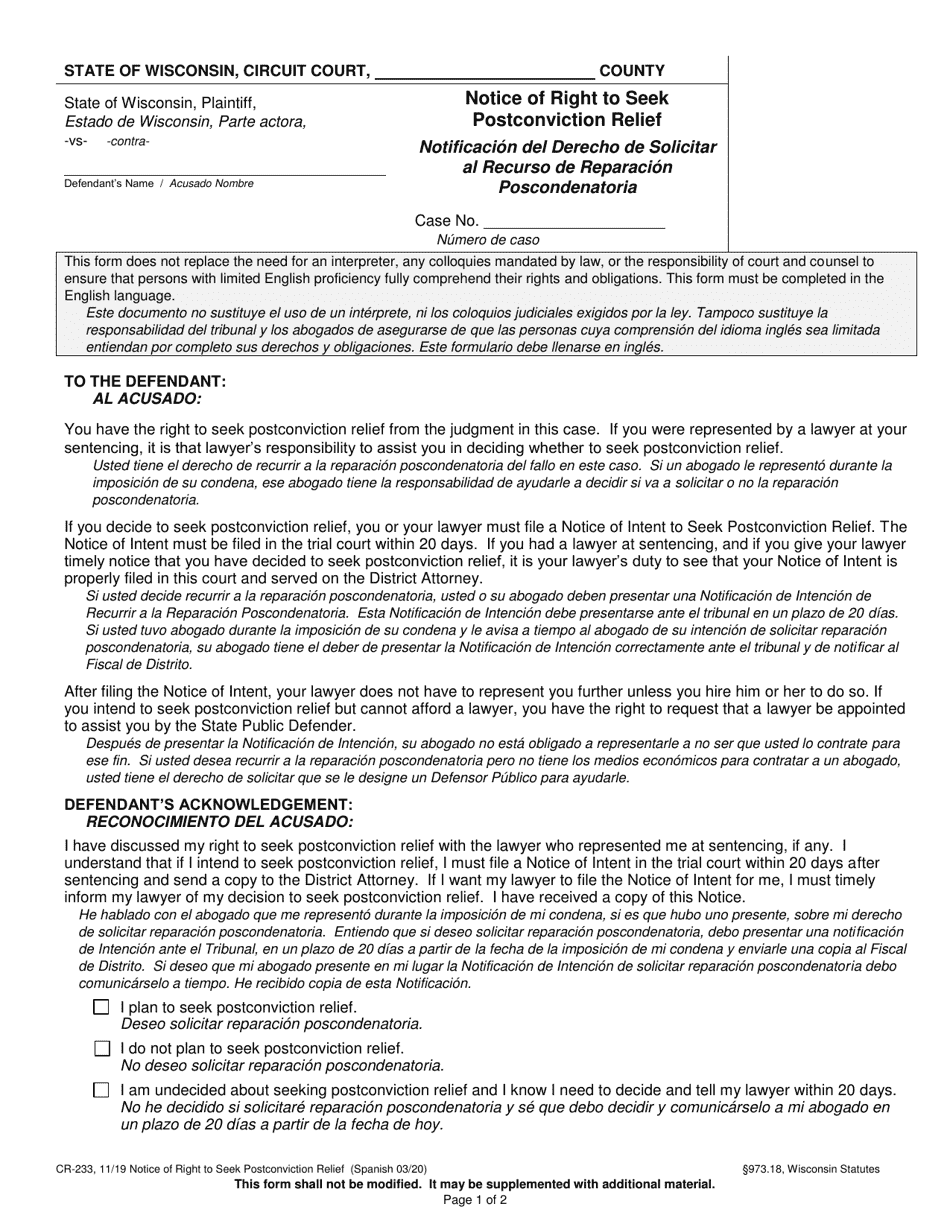 Form CR-233 Notice of Right to Seek Postconviction Relief - Wisconsin (English / Spanish), Page 1