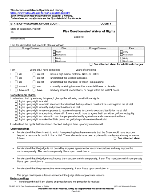 Form CR-227 Plea Questionnaire/Waiver of Rights - Wisconsin