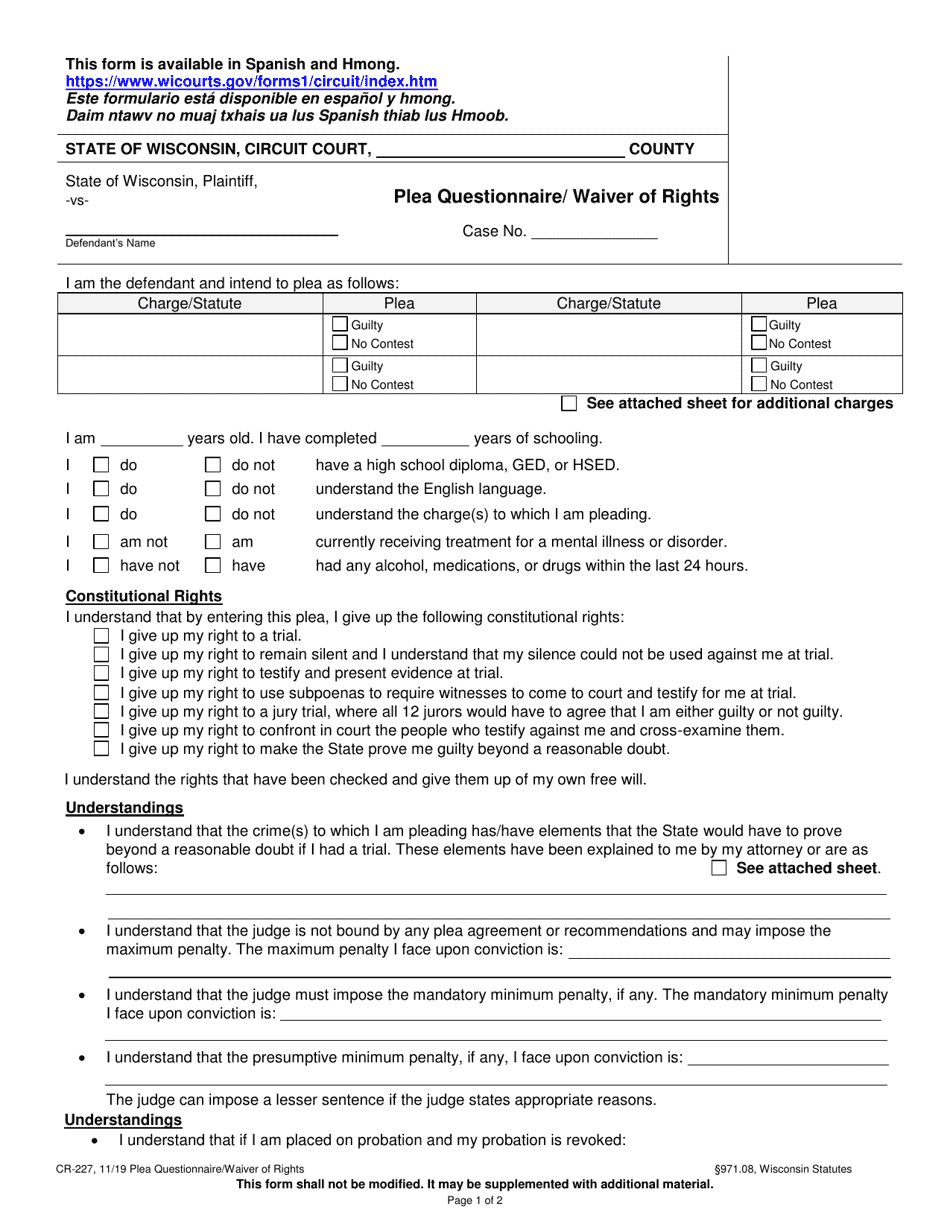 Form CR-227 Plea Questionnaire / Waiver of Rights - Wisconsin, Page 1