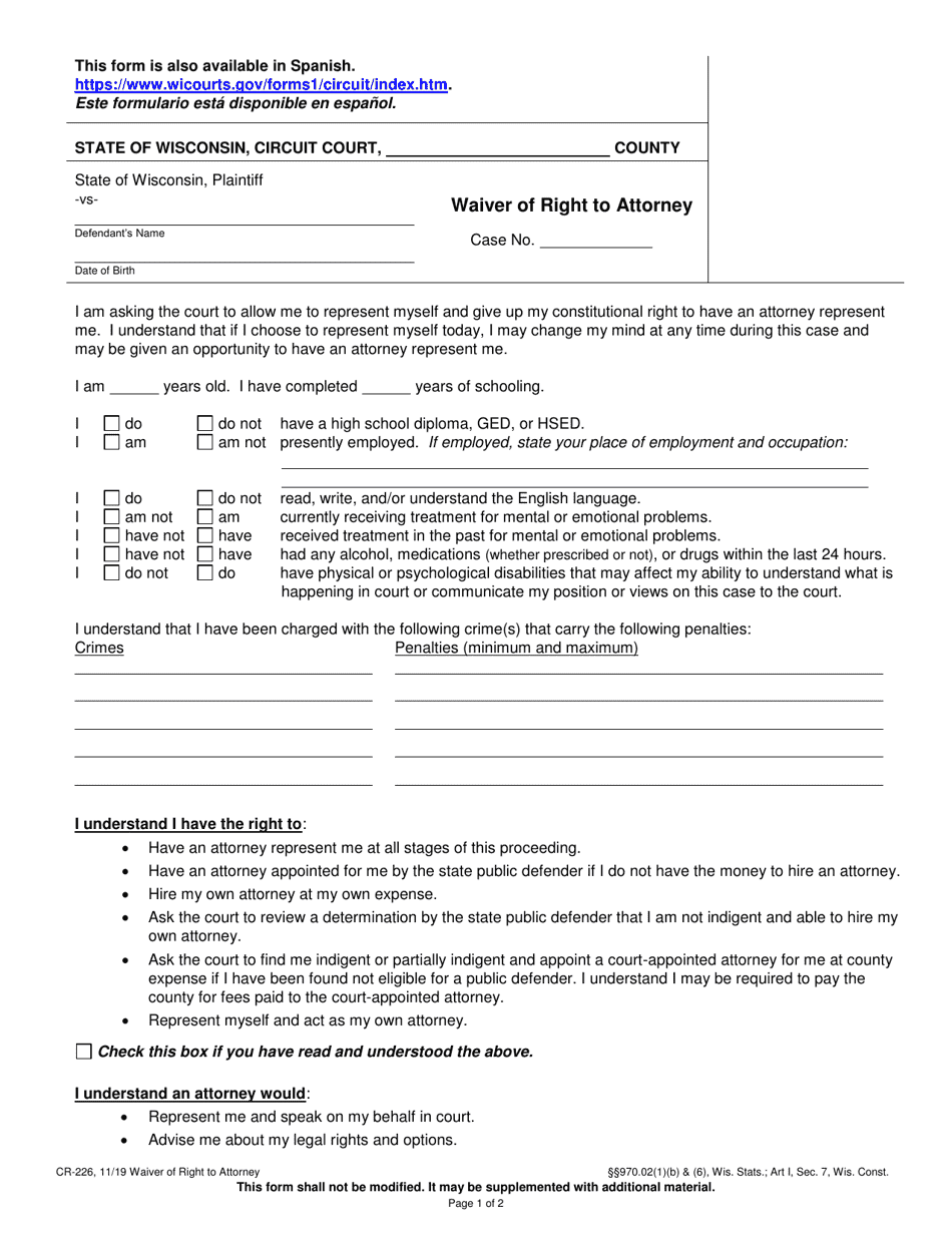 Form CR-226 Waiver of Right to Attorney - Wisconsin, Page 1