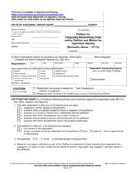 Document preview: Form CV-402 Petition for Temporary Restraining Order and/or Petition and Motion for Injunction Hearing (Domestic Abuse) - Wisconsin