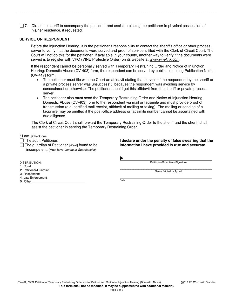 Form CV-402 Petition for Temporary Restraining Order and / or Petition and Motion for Injunction Hearing (Domestic Abuse) - Wisconsin, Page 3