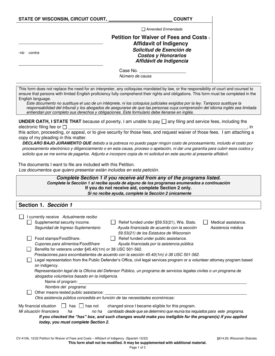 Form CV-410A Petition for Waiver of Fees and Costs - Affidavit of Indigency - Wisconsin (English / Spanish), Page 1