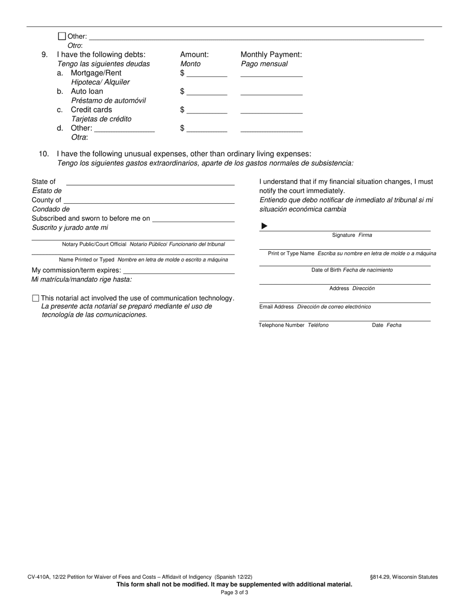 Form CV-410A Petition for Waiver of Fees and Costs - Affidavit of Indigency - Wisconsin (English / Spanish), Page 3