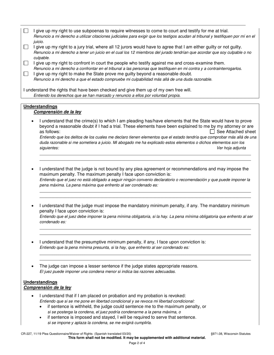 Form CR-227 Download Printable PDF or Fill Online Plea Questionnaire ...