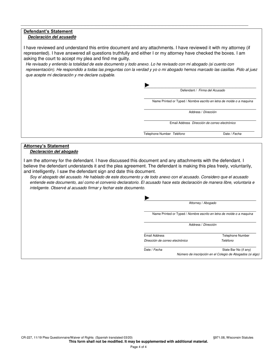 Form CR-227 Plea Questionnaire / Waiver of Rights - Wisconsin (English / Spanish), Page 4