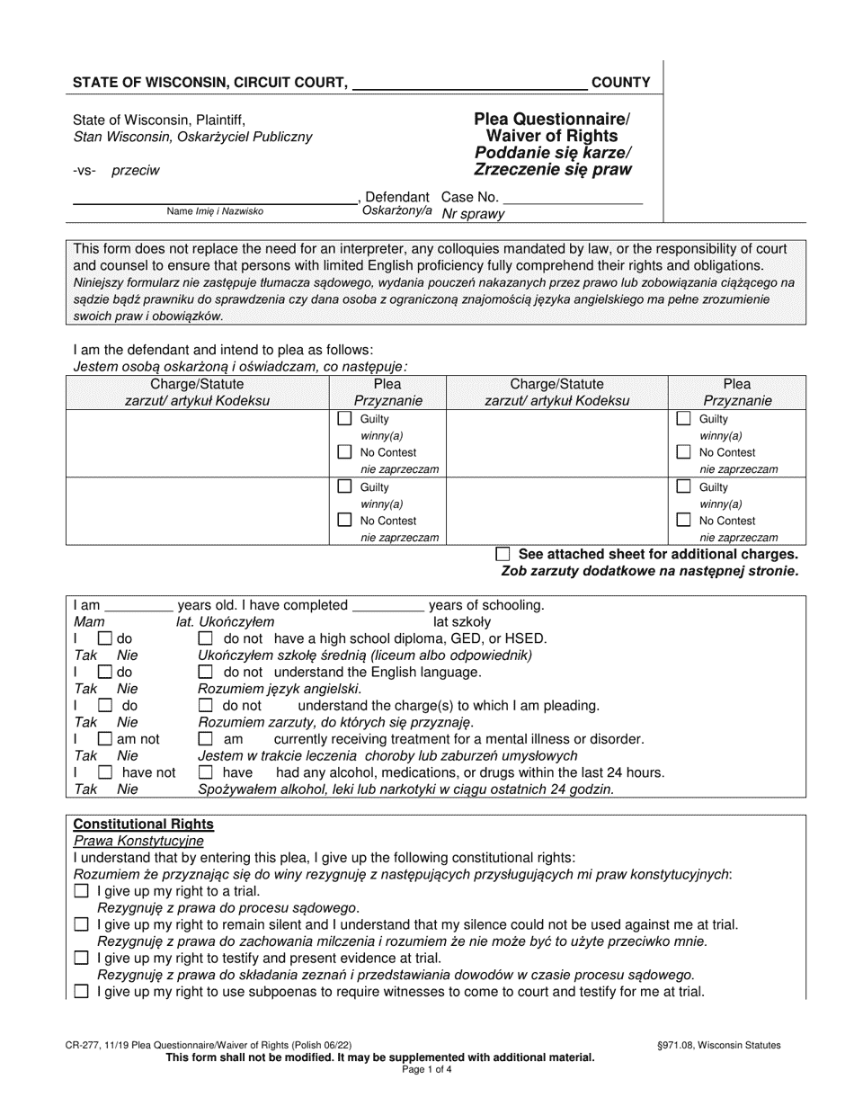 Form CR-277 Plea Questionnaire / Waiver of Rights - Wisconsin (English / Polish), Page 1