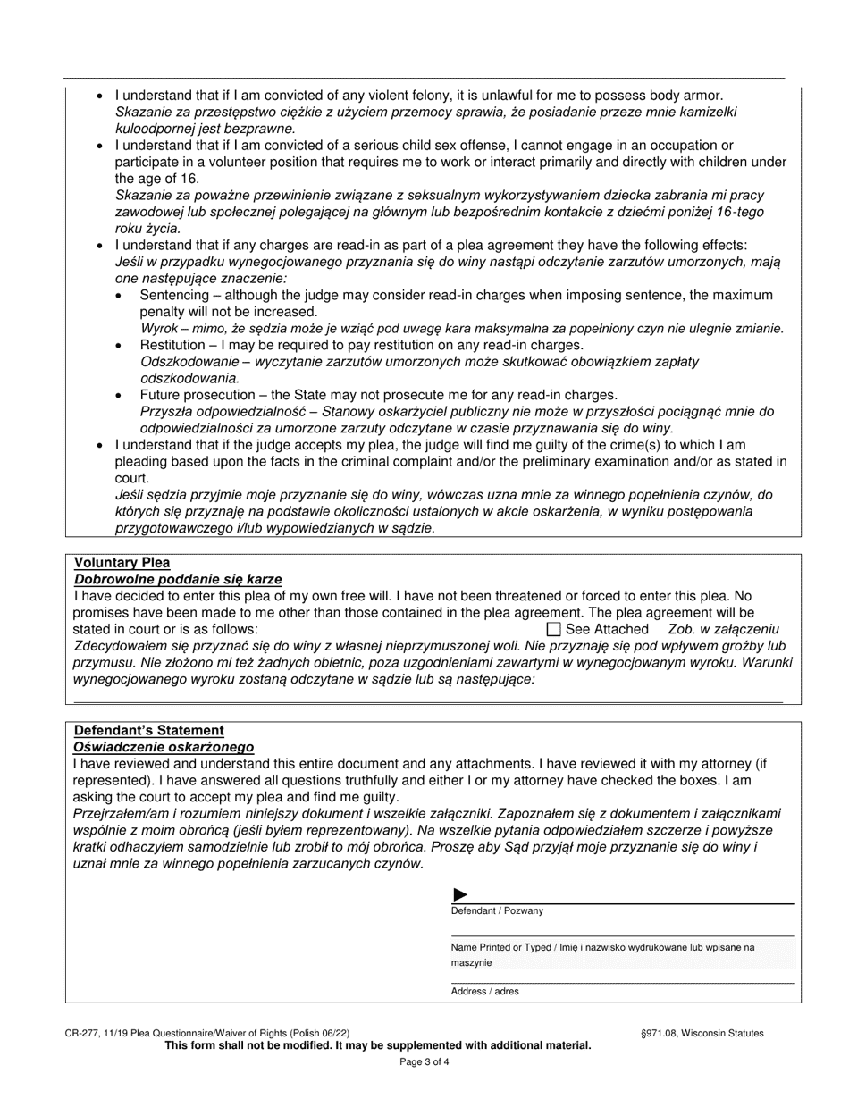 Form CR-277 Plea Questionnaire / Waiver of Rights - Wisconsin (English / Polish), Page 3