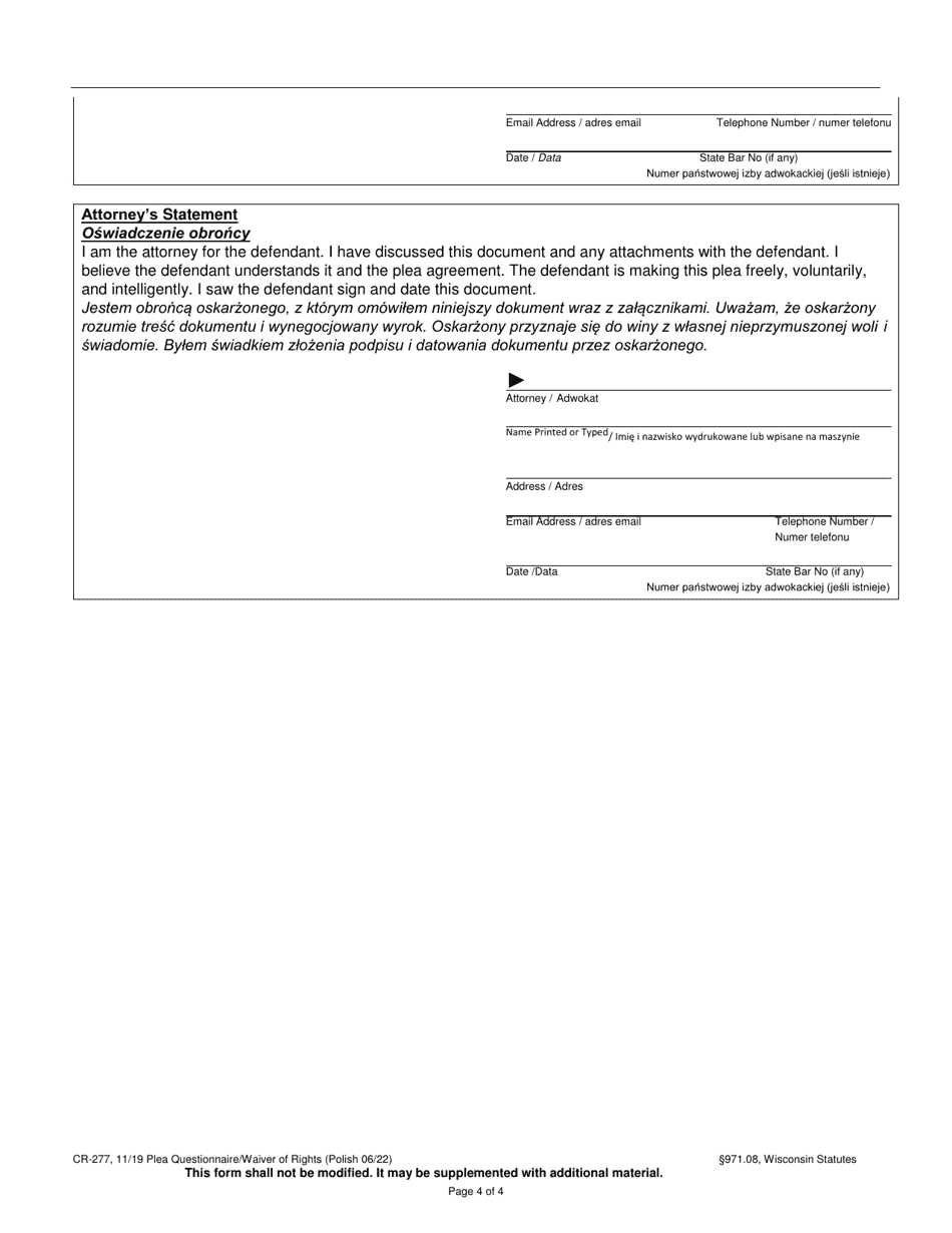 Form CR-277 Plea Questionnaire / Waiver of Rights - Wisconsin (English / Polish), Page 4