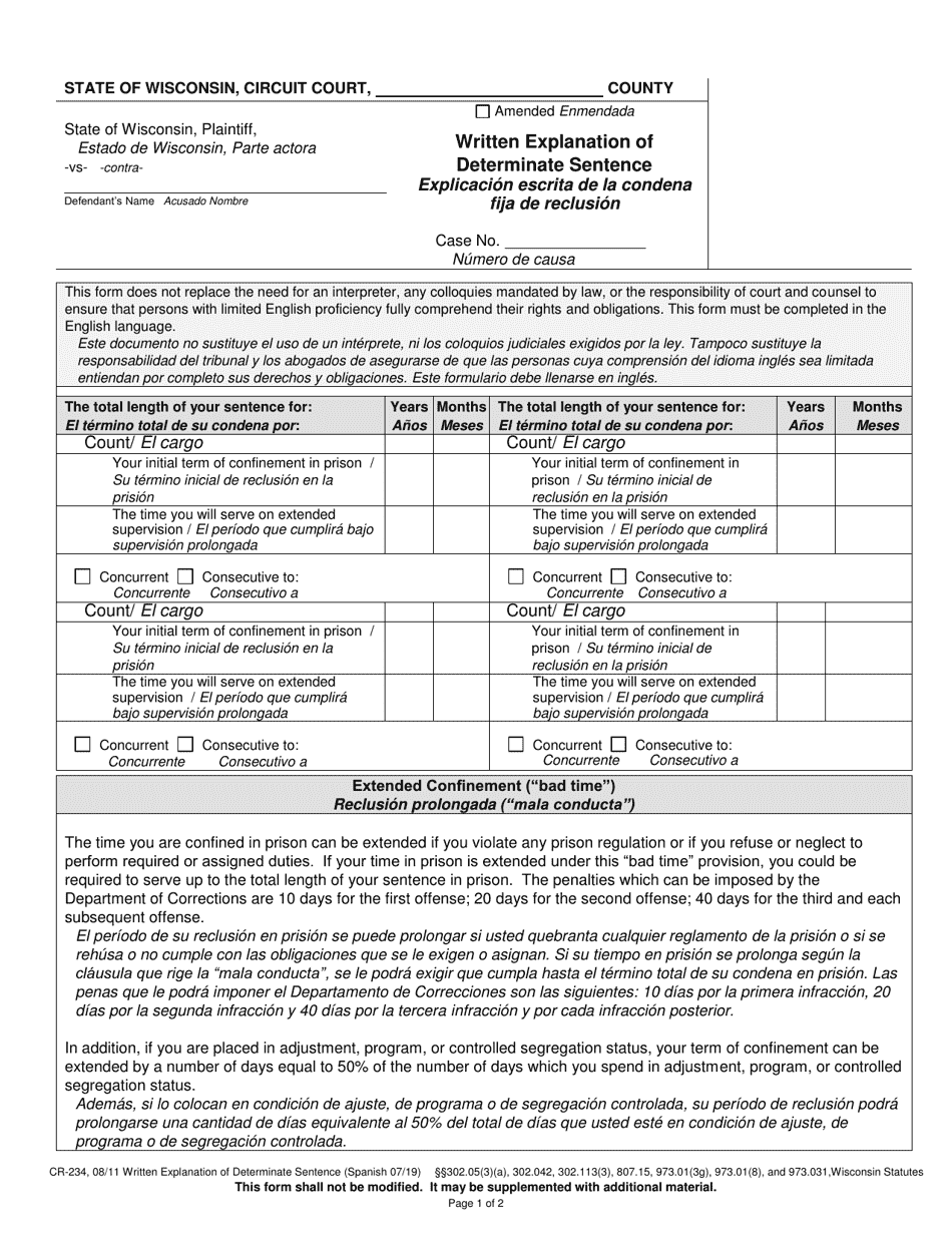 Form CR-234 Written Explanation of Determinate Sentence - Wisconsin (English / Spanish), Page 1