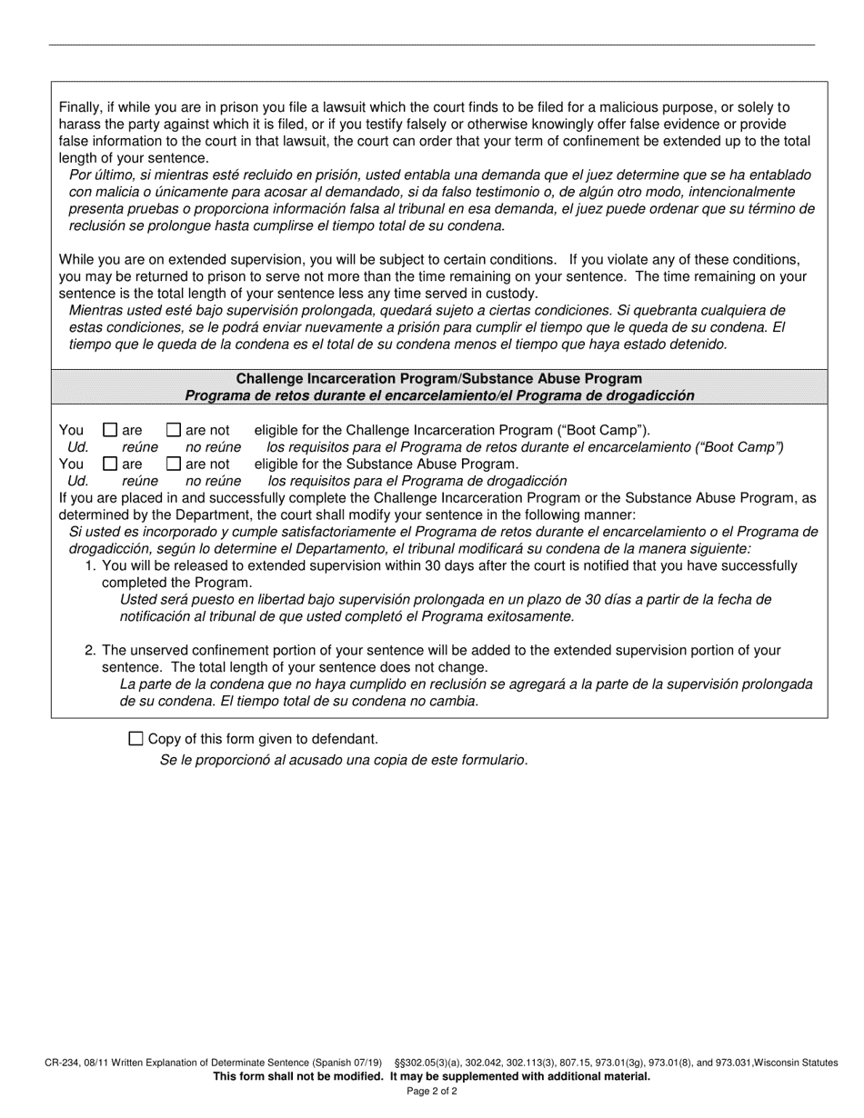Form CR-234 Written Explanation of Determinate Sentence - Wisconsin (English / Spanish), Page 2