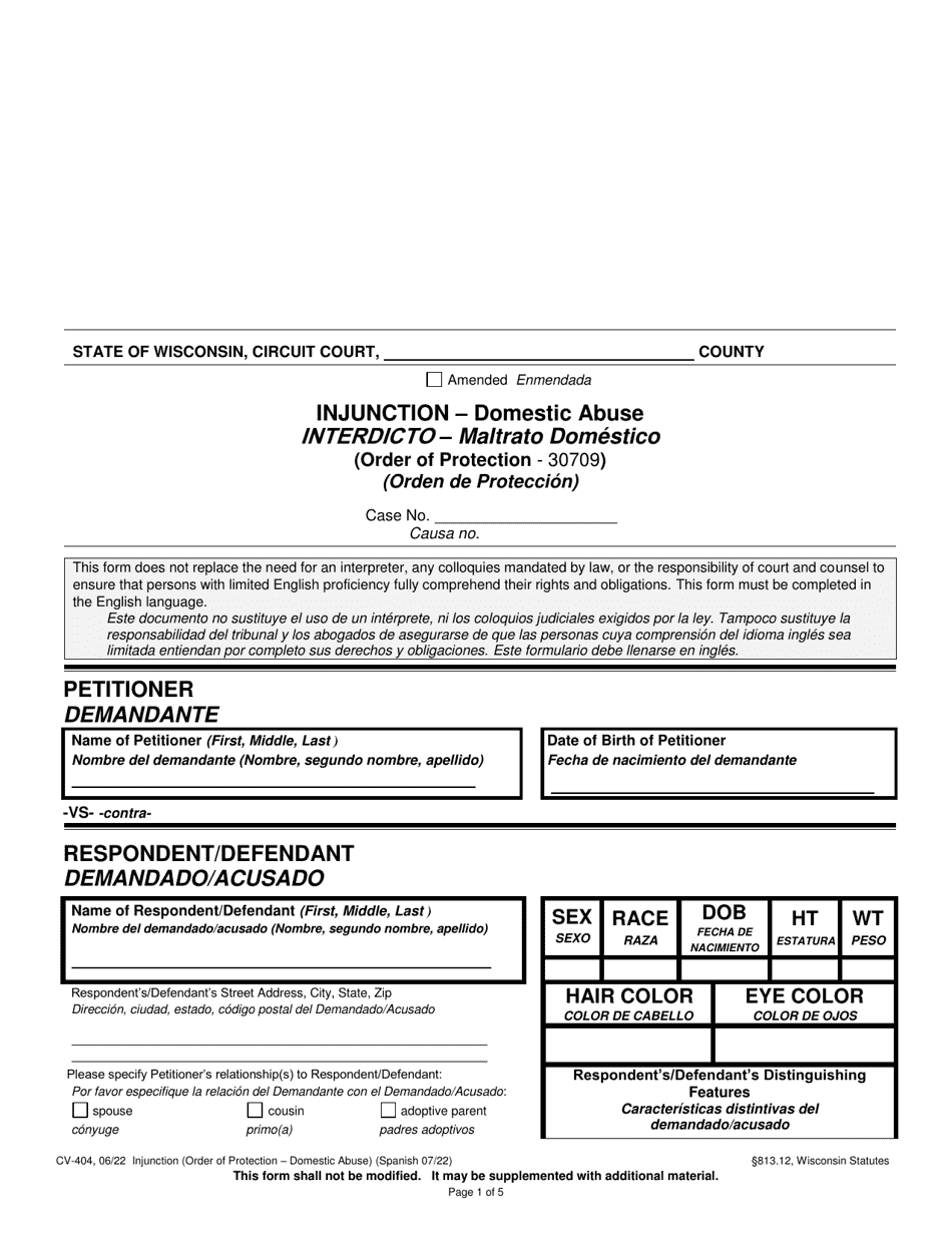 Form CV-404 Injunction - Domestic Abuse - Wisconsin (English / Spanish), Page 1