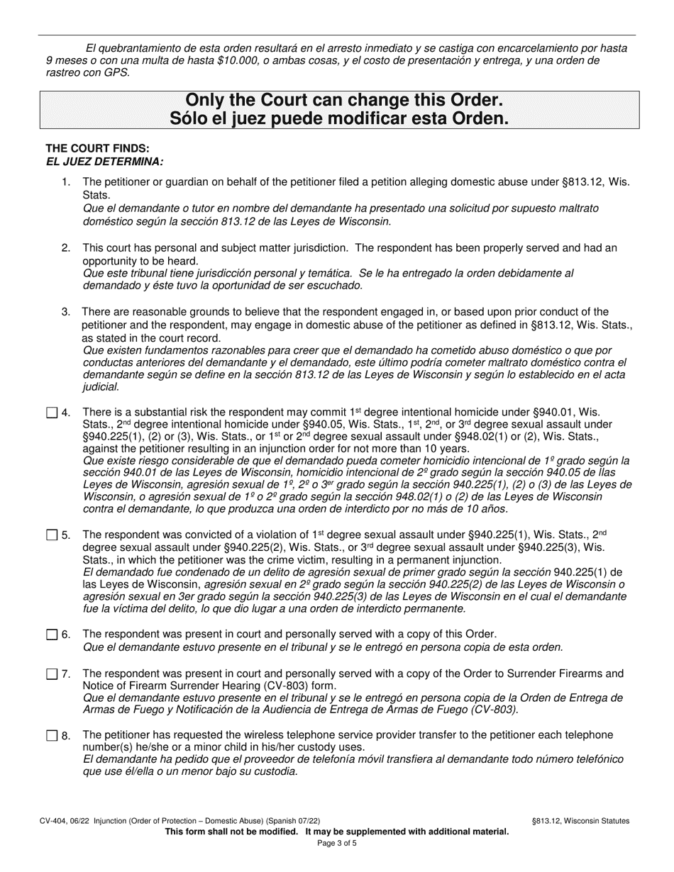 Form CV-404 Injunction - Domestic Abuse - Wisconsin (English / Spanish), Page 3