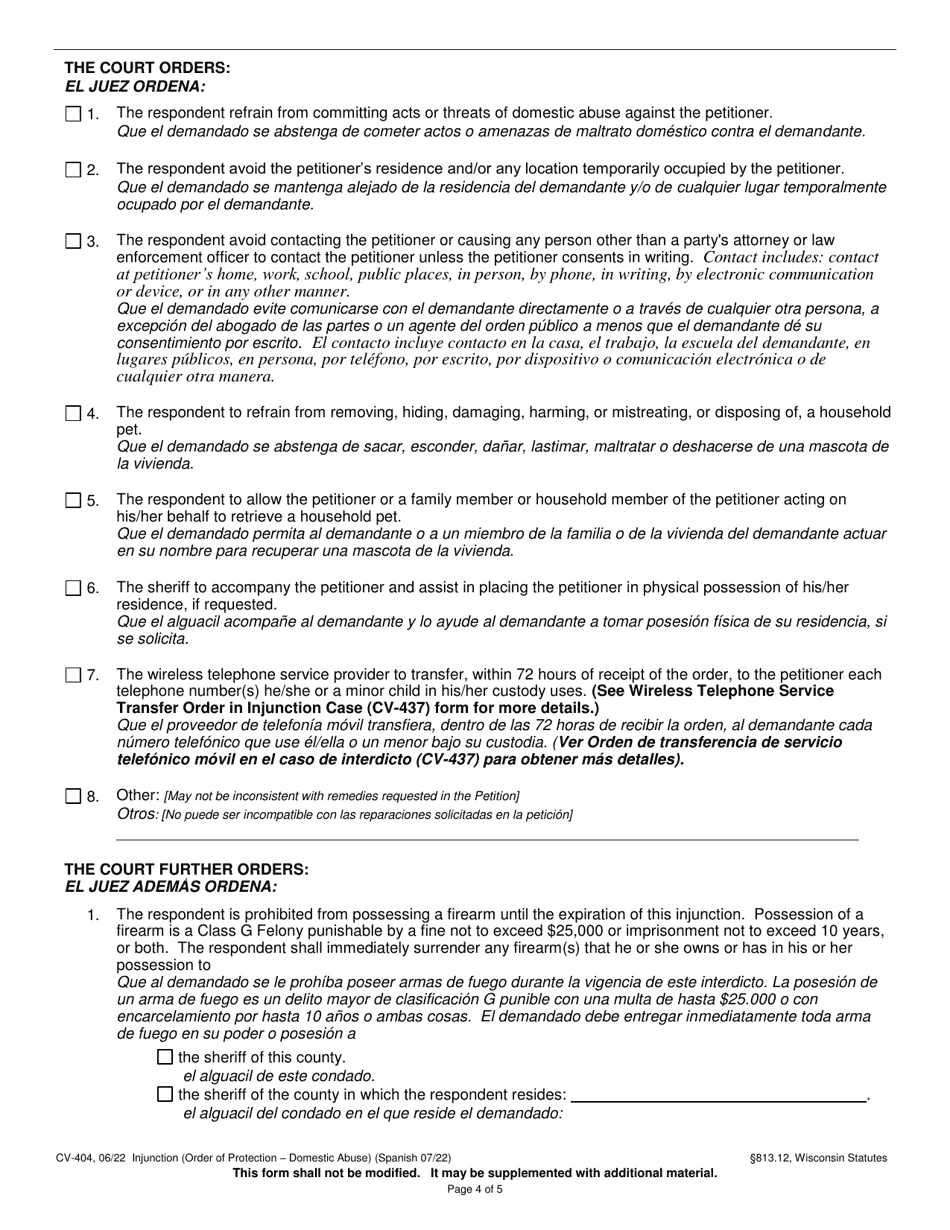 Form CV-404 Injunction - Domestic Abuse - Wisconsin (English / Spanish), Page 4