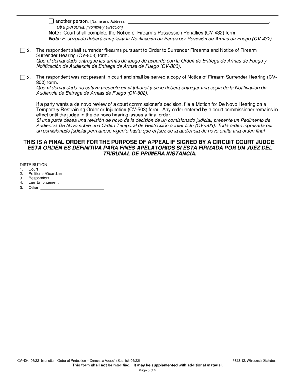 Form CV-404 Injunction - Domestic Abuse - Wisconsin (English / Spanish), Page 5