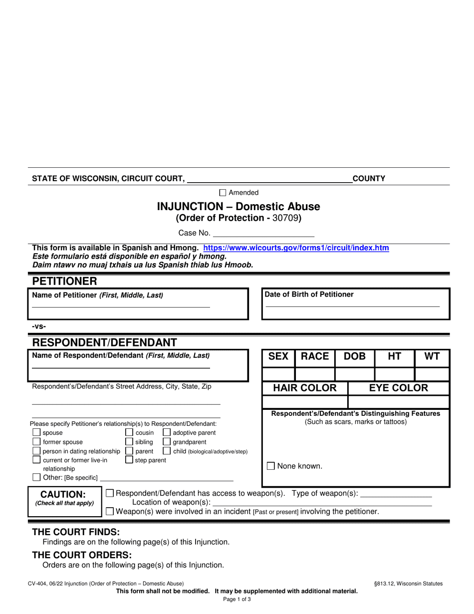 Form CV-404 Injunction - Domestic Abuse - Wisconsin, Page 1