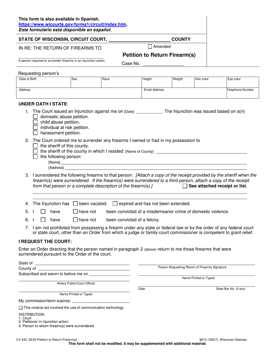 Form CV-433 Petition to Return Firearm(S) - Wisconsin, Page 1