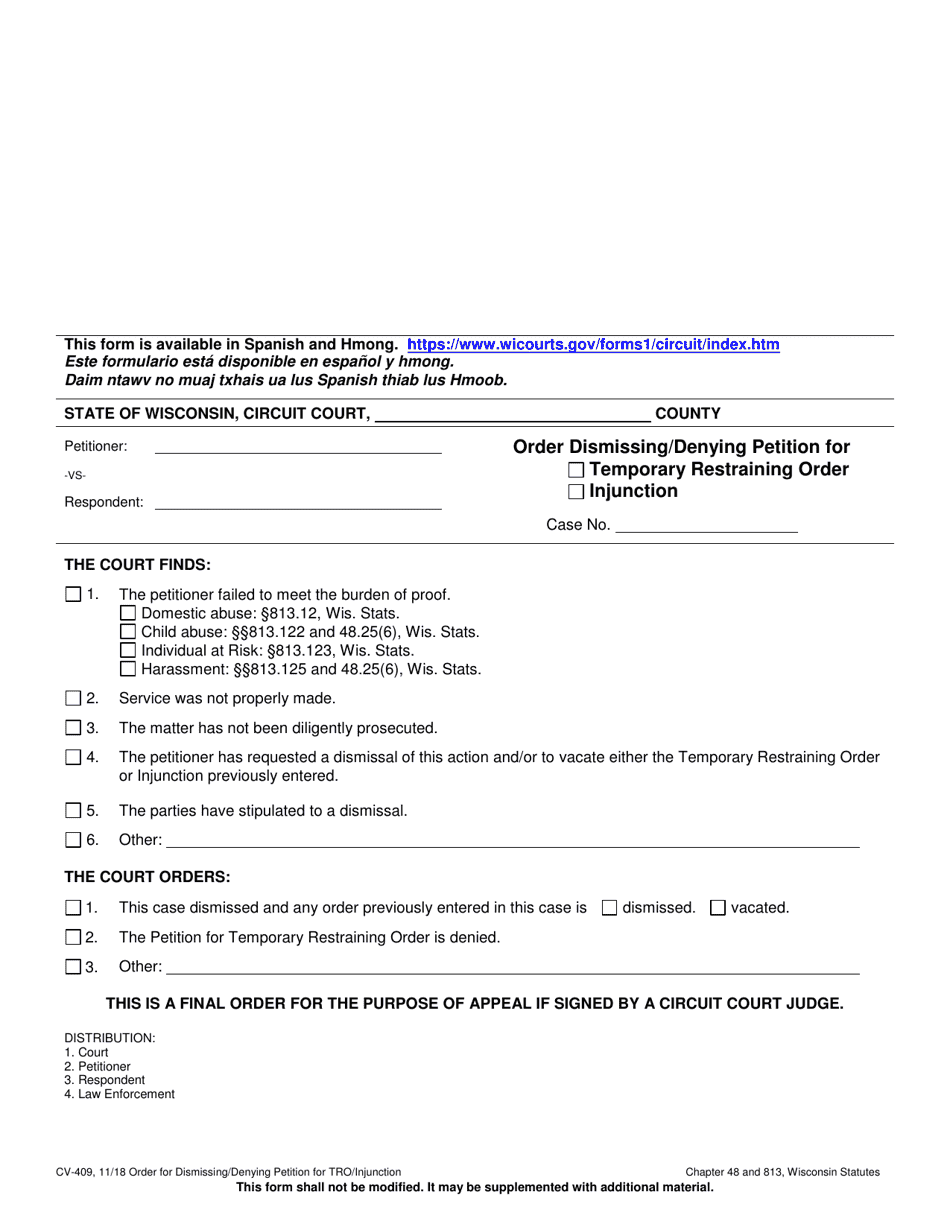 Form CV-409 Order Dismissing / Denying Petition for Temporary Restraining Order / Injunction - Wisconsin, Page 1