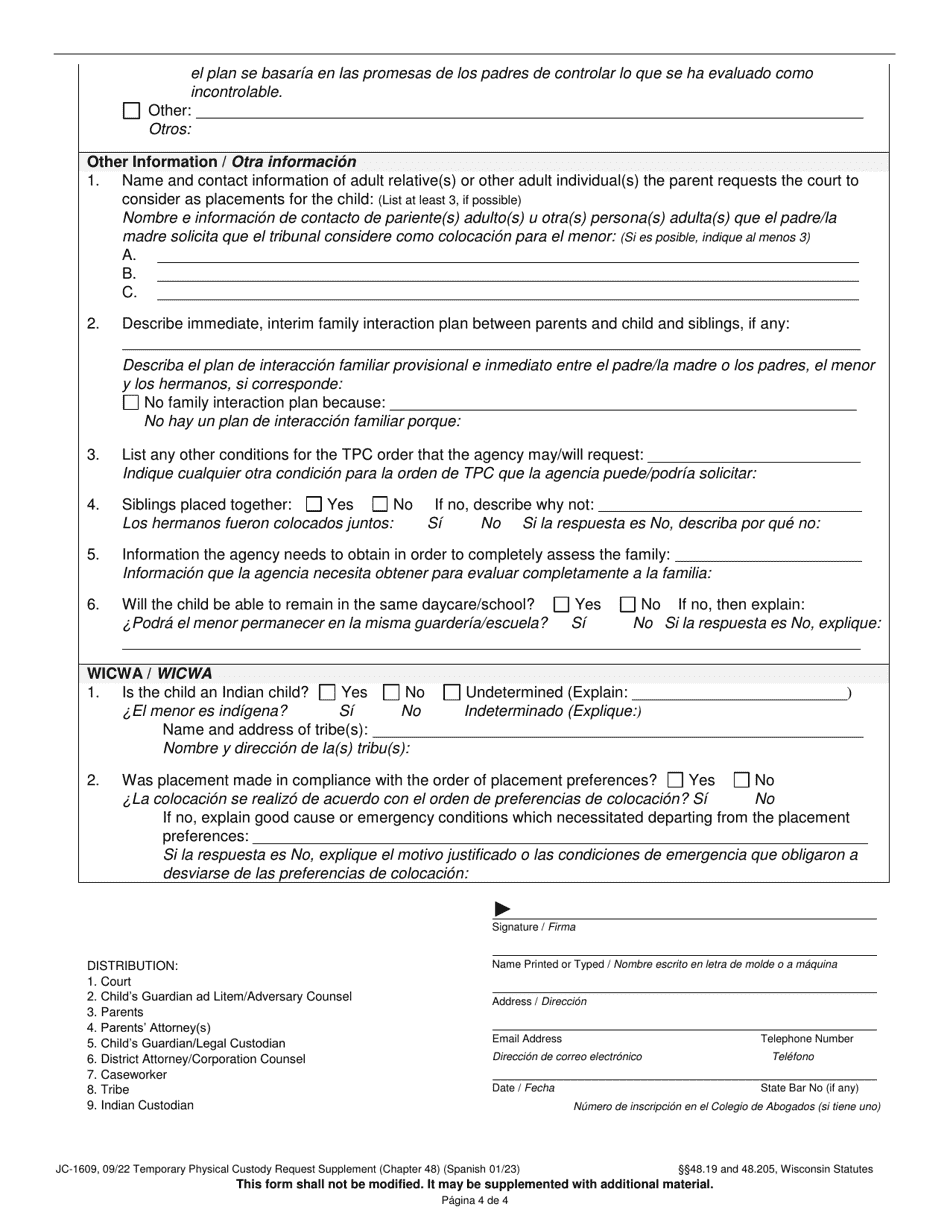 Form JC-1609 Temporary Physical Custody Request Supplement (Chapter 48) - Wisconsin (English / Spanish), Page 4