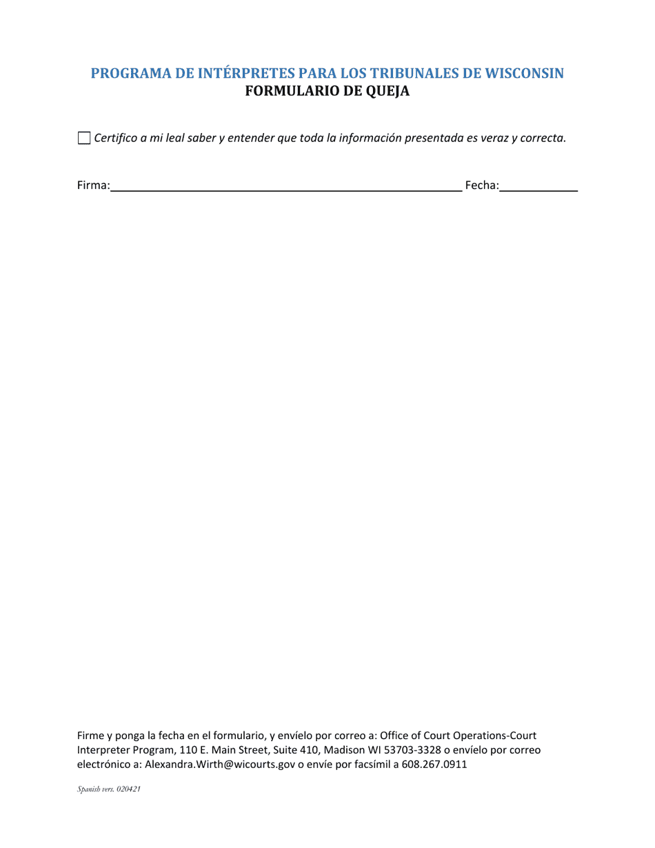 Formulario De Queja - Programa De Interpretes Para Los Tribunales De Wisconsin - Wisconsin (Spanish), Page 2