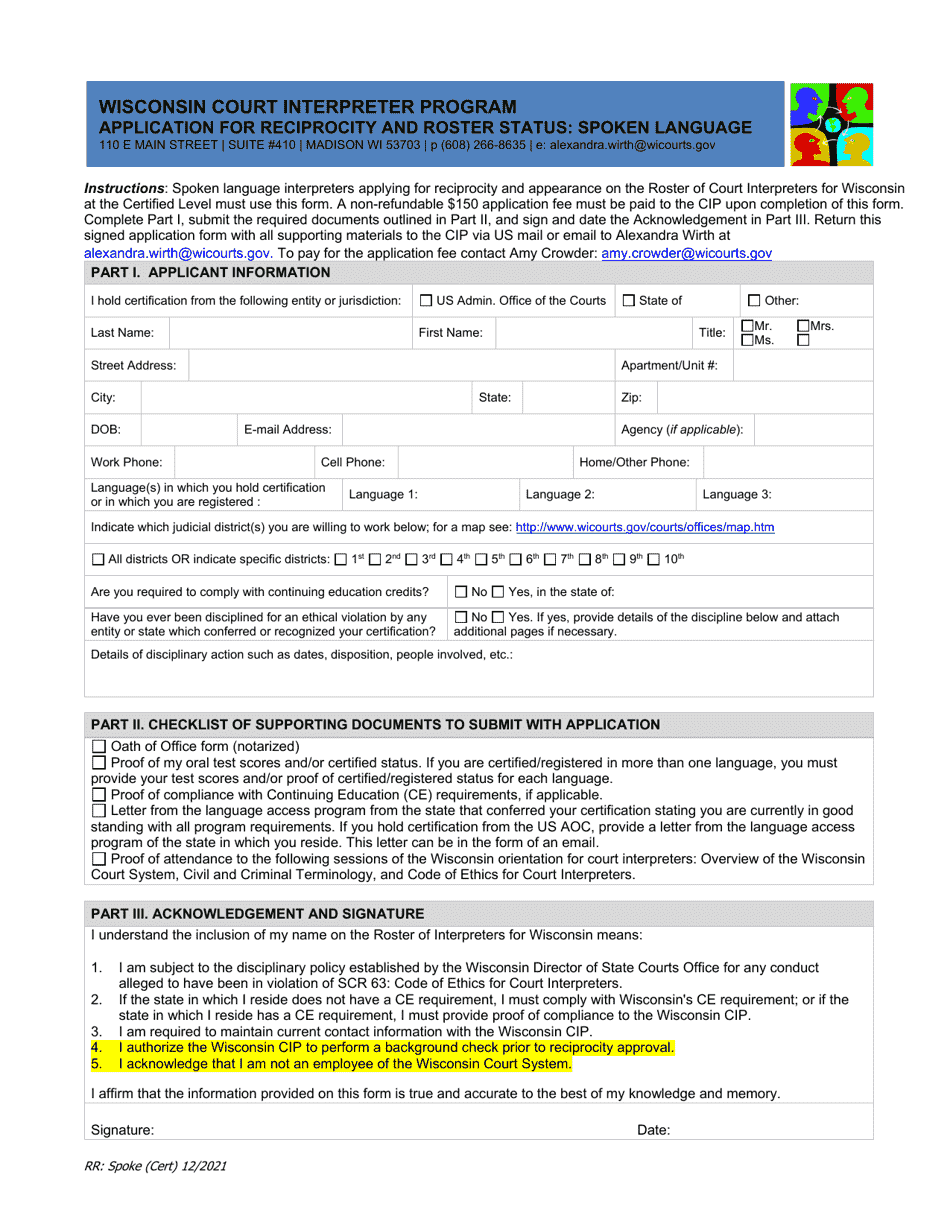 Application for Reciprocity and Roster Status: Spoken Language - Wisconsin Court Interpreter Program - Wisconsin, Page 1