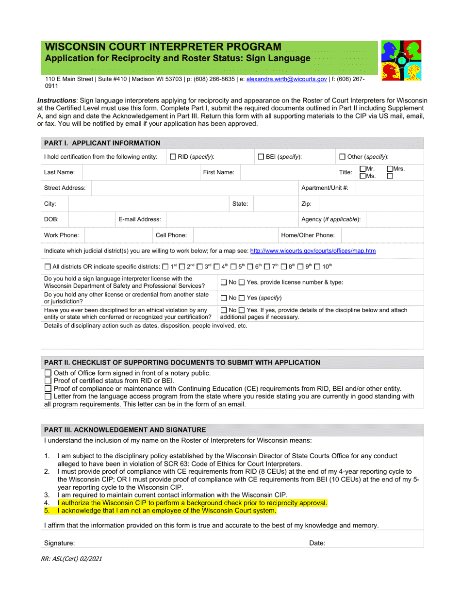 Application for Reciprocity and Roster Status: Sign Language - Wisconsin Court Interpreter Program - Wisconsin, Page 1
