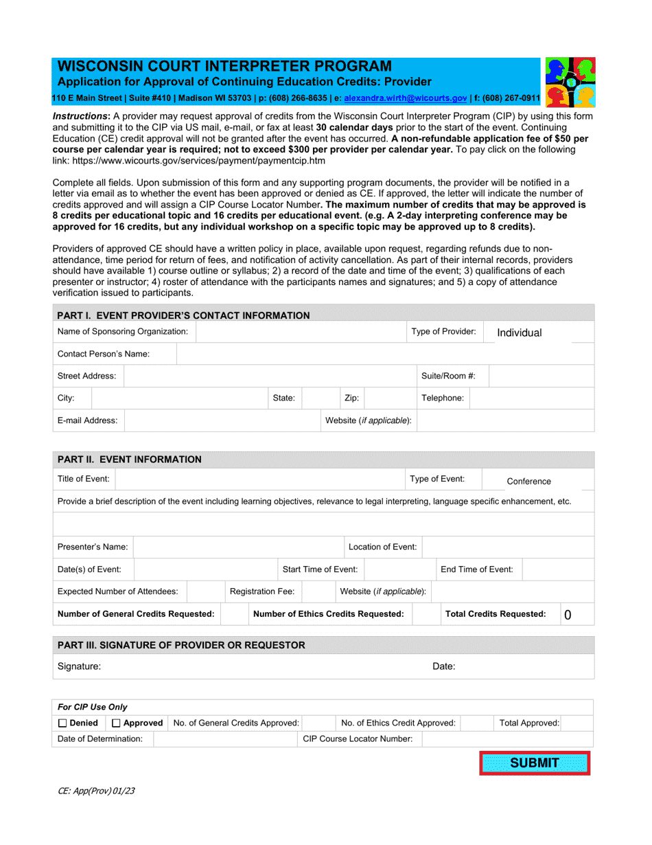 Application for Approval of Continuing Education Credits: Provider - Wisconsin Court Interpreter Program - Wisconsin, Page 1
