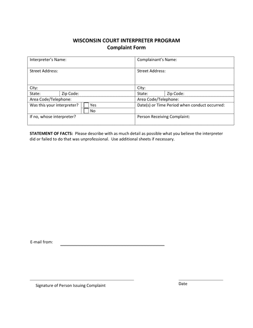 Complaint Form - Wisconsin Court Interpreter Program - Wisconsin Download Pdf